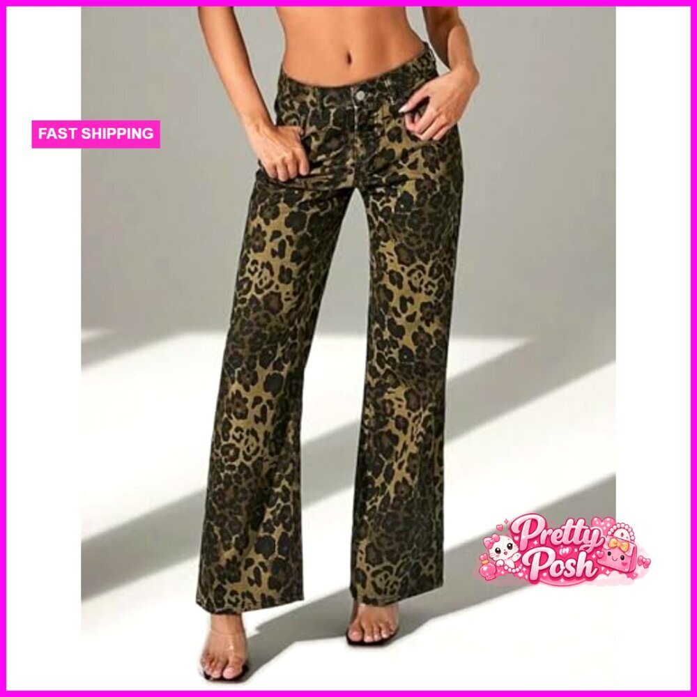 Leopard Print Wide Leg Denim Pants Mid Rise Boyfriend Fit - Picture 4 of 7
